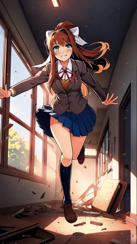 <lora:MonikaV1:0.8> Monika, bangs, very long hair, smile, long hair, neck ribbon, looking at viewer, ponytail, shirt, school uniform, hair bow, white bow, pleated skirt, brown hair, grey jacket, sidelocks, solo, blush, blue skirt, skirt, 1girl, breasts, blazer, green eyes, BREAK,  <lora:escapeSchool:0.35> school,debris,fleeing,collapse,(outdoors, looking at viewer),running,building,school chair,school desk,, school,debris,fleeing,collapse,indoors,running,(hallway,school hallway),, school,debris,fleeing,collapse,indoors,running,(((classroom))),school chair,school desk,, masterpiece, best quality, extremely detailed, highly quality, 4k, sharp focus, professional, sharp focus, award winning, cinematic lighting, octane render, unreal engine, volumetrics dtx, Wallpaper,