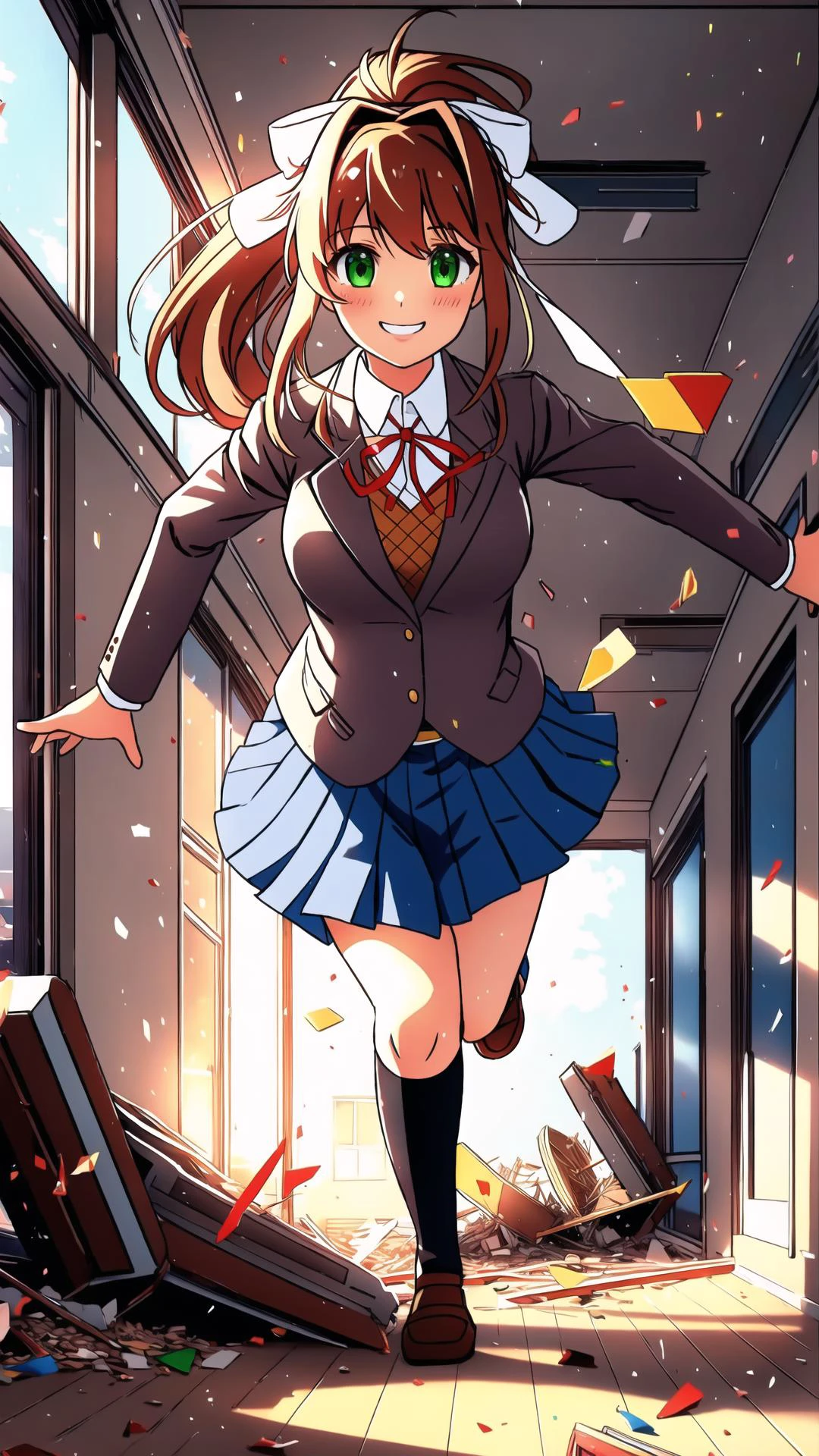 <lora:MonikaV1:0.8> Monika, bangs, very long hair, smile, long hair, neck ribbon, looking at viewer, ponytail, shirt, school uniform, hair bow, white bow, pleated skirt, brown hair, grey jacket, sidelocks, solo, blush, blue skirt, skirt, 1girl, breasts, blazer, green eyes, BREAK, <lora:escapeSchool:0.5> school,debris,fleeing,collapse,(outdoors, looking at viewer),running,building,school chair,school desk,, school,debris,fleeing,collapse,indoors,running,(hallway,school hallway),, school,debris,fleeing,collapse,indoors,running,(((classroom))),school chair,school desk,, masterpiece, best quality, extremely detailed, highly quality, 4k, sharp focus, professional, sharp focus, award winning, cinematic lighting, octane render, unreal engine, volumetrics dtx, Wallpaper,
