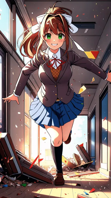 <lora:MonikaV1:0.8> Monika, bangs, very long hair, smile, long hair, neck ribbon, looking at viewer, ponytail, shirt, school uniform, hair bow, white bow, pleated skirt, brown hair, grey jacket, sidelocks, solo, blush, blue skirt, skirt, 1girl, breasts, blazer, green eyes, BREAK,  <lora:escapeSchool:0.5> school,debris,fleeing,collapse,(outdoors, looking at viewer),running,building,school chair,school desk,, school,debris,fleeing,collapse,indoors,running,(hallway,school hallway),, school,debris,fleeing,collapse,indoors,running,(((classroom))),school chair,school desk,, masterpiece, best quality, extremely detailed, highly quality, 4k, sharp focus, professional, sharp focus, award winning, cinematic lighting, octane render, unreal engine, volumetrics dtx, Wallpaper,