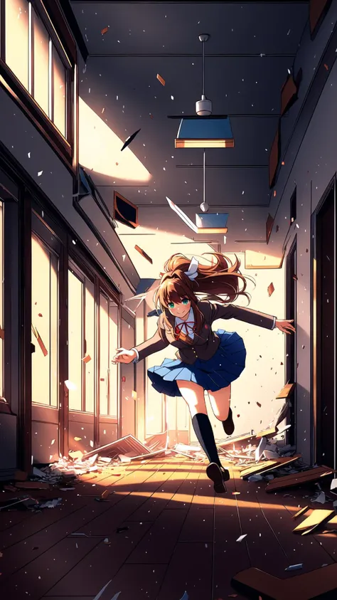 <lora:MonikaV1:0.8> Monika, bangs, very long hair, smile, long hair, neck ribbon, looking at viewer, ponytail, shirt, school uniform, hair bow, white bow, pleated skirt, brown hair, grey jacket, sidelocks, solo, blush, blue skirt, skirt, 1girl, breasts, blazer, green eyes, BREAK,  <lora:escapeSchool:0.5> school,debris,fleeing,collapse,(outdoors, looking at viewer),running,building,school chair,school desk,, school,debris,fleeing,collapse,indoors,running,(hallway,school hallway),, school,debris,fleeing,collapse,indoors,running,(((classroom))),school chair,school desk,, masterpiece, best quality, extremely detailed, highly quality, 4k, sharp focus, professional, sharp focus, award winning, cinematic lighting, octane render, unreal engine, volumetrics dtx, Wallpaper,