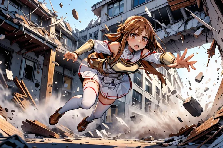 masterpiece,best quality,highly detailed,1girl,solo,serious,v-shaped eyebrows,sweat,sweatdrop,clenched teeth,
<lora:asuna_(sao)_v1:0.75>,aaasuna,long hair,brown hair,braid,brown eyes,bare shoulders,armor,breastplate,white sleeves,detached sleeves,red skirt,pleated skirt,white thighhighs,
BREAK
<lora:escapeSchool:0.75>,school,debris,fleeing,collapse,outdoors,running,building,school chair,school desk,