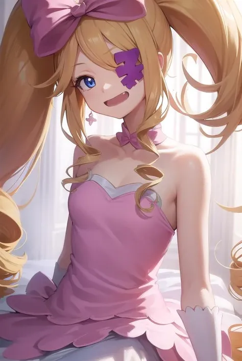 nuiharime, <lora:nuiharime-lora-nochekaiser:1>,
nui harime, 10s, big hair, blonde hair, blue eyes, drill hair, eyepatch, hair bow, long hair, pink bow, twin drills, twintails, <lora:smirkingeye_v100:1>, <lora:smirkingmouth_v100:1>, open mouth, smile,
BREAK boots, bow, dress, eyepatch, hair bow, pink footwear, strapless, strapless dress,
BREAK looking at viewer, upper body, full body,
BREAK outdoors,
BREAK <lora:GoodHands-vanilla:1>, (masterpiece:1.2), best quality, high resolution, unity 8k wallpaper, (illustration:0.8), (beautiful detailed eyes:1.6), extremely detailed face, perfect lighting, extremely detailed CG, (perfect hands, perfect anatomy),