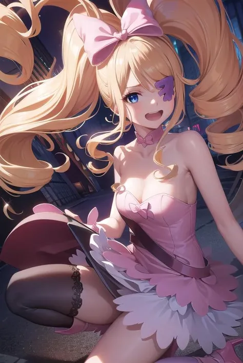 nuiharime, <lora:nuiharime-lora-nochekaiser:1>,
nui harime, 10s, big hair, blonde hair, blue eyes, drill hair, eyepatch, hair bow, long hair, pink bow, twin drills, twintails, <lora:smirkingeye_v100:1>, <lora:smirkingmouth_v100:1>, open mouth, smile,
BREAK boots, bow, dress, eyepatch, hair bow, pink footwear, strapless, strapless dress,
BREAK looking at viewer, upper body, full body,
BREAK outdoors,
BREAK <lora:GoodHands-vanilla:1>, (masterpiece:1.2), best quality, high resolution, unity 8k wallpaper, (illustration:0.8), (beautiful detailed eyes:1.6), extremely detailed face, perfect lighting, extremely detailed CG, (perfect hands, perfect anatomy),
