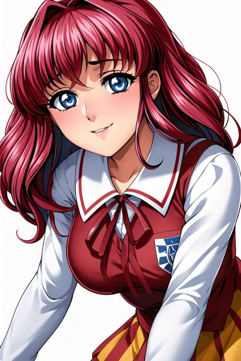 Simple White Background,
school uniform, red ribbon,long sleeves,white shirt,serafuku,Brown Vest,
<lora:Kotomi_Asakawa_Isaku-KK77-V1:0.7>,
red hair,blue eyes, Bangs,twintails, Yellow hair ribbon, 
<lora:Mariana_Luciano_NON_VIRGIN-KK77-V1:0.3>,<lora:more_details:0.1>,
1 girl, 20yo,Young female,Beautiful Finger,Beautiful long legs,Beautiful body,Beautiful Nose,Beautiful character design, perfect eyes, perfect face,expressive eyes,perfect balance,
looking at viewer,(Focus on her face),closed mouth, (innocent_big_eyes:1.0),Light_Smile,
official art,extremely detailed CG unity 8k wallpaper, perfect lighting,Colorful, Bright_Front_face_Lighting,shiny skin, 
(masterpiece:1.0),(best_quality:1.0), ultra high res,4K,ultra-detailed,
photography, 8K, HDR, highres, absurdres:1.2, Kodak portra 400, film grain, blurry background, bokeh:1.2, lens flare, (vibrant_color:1.2),professional photograph, 
(Beautiful,large_Breasts:1.4), (beautiful_face:1.5),(narrow_waist),