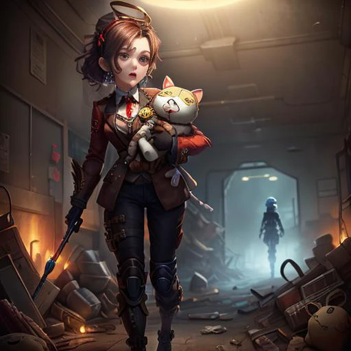 masterpiece, best quality, identity v,button eyes, detailed, 8K, 1girl holding stuffed toy, rage, full body, day,hell,hospital ruins,small breasts,red fog,foggy,crying, workwear,RED tears<lora:identityV_v30:0.7>,long tuxedo, monocle, gate,revenant \(apex legends\), halo armor, laser,spartan \(halo\) suit,angry face,