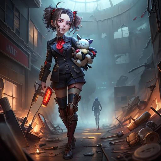 masterpiece, best quality, identity v,button eyes, detailed, 8K, 1girl holding stuffed toy, rage, full body, day,hell,hospital ruins,small breasts,red fog,foggy,crying, workwear,RED tears<lora:identityV_v30:0.7>,long tuxedo, monocle, gate,revenant \(apex legends\), scifi armor, laser,