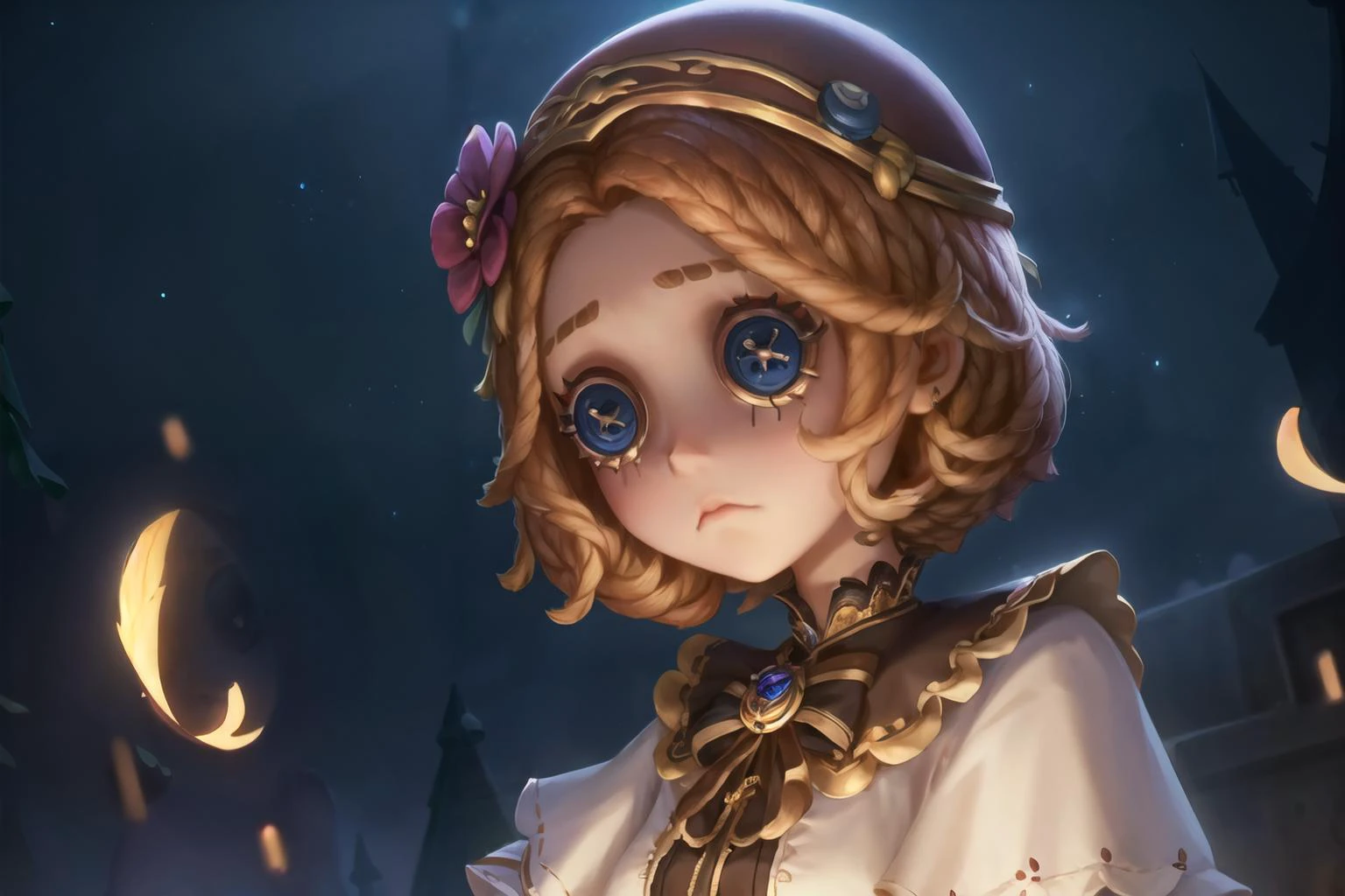 masterpiece, best quality, identity v, button eyes, detailed, 8K,
1girl, sad, upper body, night,
<lora:identityv4:0.3>,