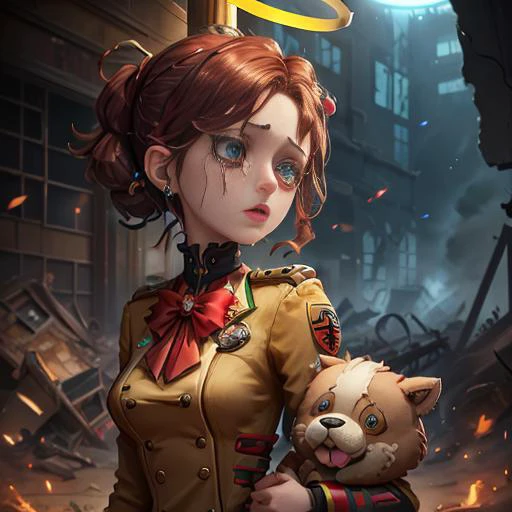 masterpiece, best quality, identity v,button eyes, detailed, 8K, 1girl  holding stuffed toy,short, rage, upper body, day,hell,hospital ruins,small breasts,red fog,foggy,crying, airforce uniform,RED tears<lora:identityV_v30:0.7>,long tuxedo, monocle, gate,revenant \(apex legends\), halo armor, laser,spartan \(halo\) suit,forrest,earpiece,