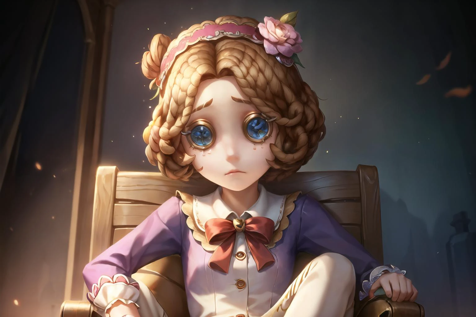 masterpiece, best quality, identity v, button eyes, detailed, 8K,
1girl, sad, upper body, sitting,
<lora:identityv4:0.3>,