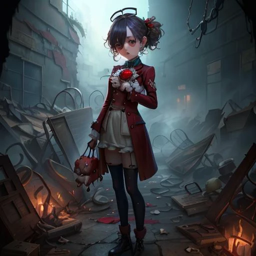 masterpiece, best quality, identity v,button eyes, detailed, 8K, 1girl  holding stuffed toy, rage, full body, day,hell,hospital ruins,small breasts,red fog,foggy,crying, workwear,RED tears<lora:identityV_v30:0.7>,long tuxedo, monocle, gate,