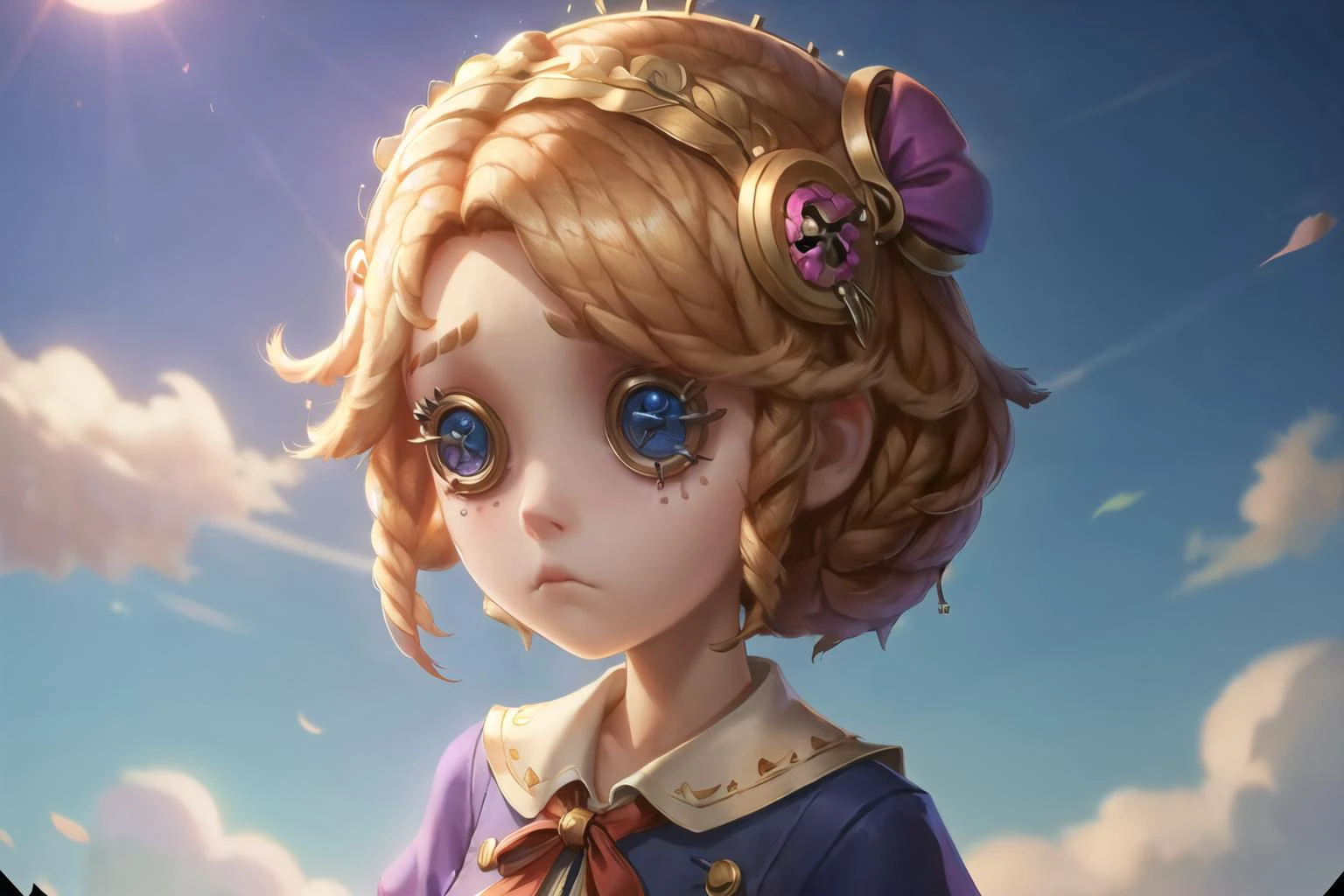 masterpiece, best quality, identity v, button eyes, detailed, 8K,
1girl, sad, upper body, day, sunligt,
<lora:identityv4:0.3>,