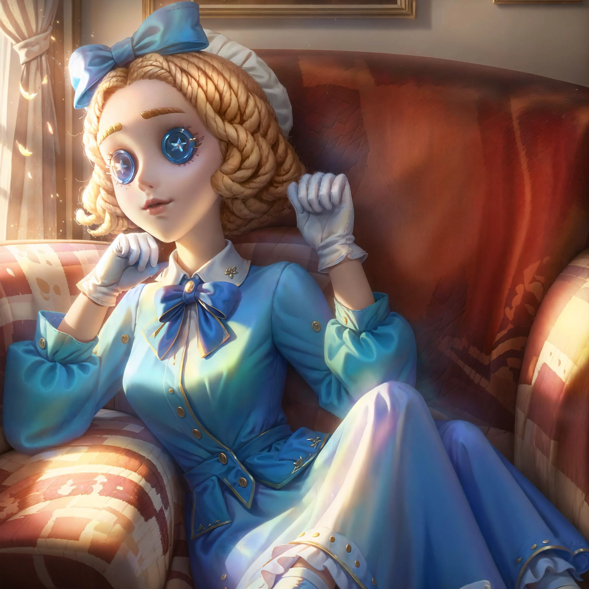 masterpiece, best quality, identity v, button eyes,
1girl, blonde hair, dress, gloves, bow, shoes, solo, blue dress, white gloves, short hair, indoors, couch, pillow, blue bow, looking at viewer, hair bow, socks, white footwear, long sleeves, on side, chair, lips, white socks, stitches, ribbon, sitting, closed mouth, armchair,
<lora:identityV_v40:0.5>