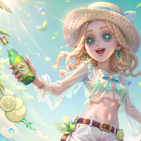 masterpiece, best quality, identity v, button eyes, 
1girl, solo, hat, jewelry, navel, see-through, shorts, blonde hair, midriff, bottle, sky, belt, day, fruit, white shorts, earrings, blue sky, food, bracelet, holding, open mouth, outdoors, long hair, smile, lemon, bow, cowboy shot, white headwear, bubble, star (symbol), tree, sun hat, leaf, teeth, water drop, breasts, looking at viewer, cup, shirt, drinking glass
 <lora:identityV_v40:0.5>