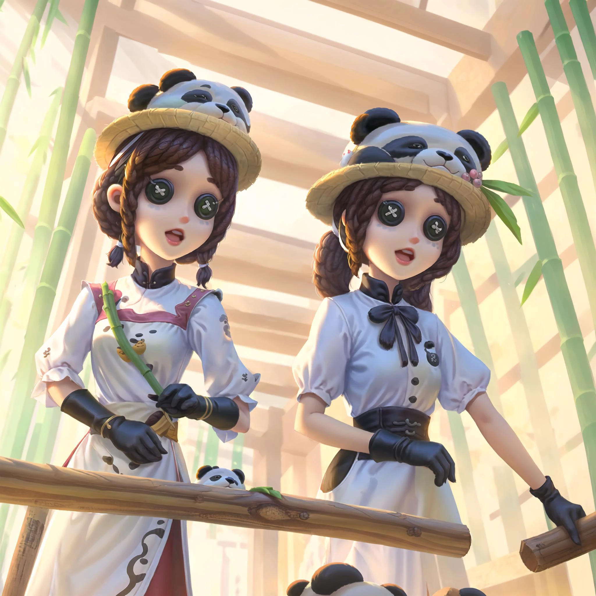 masterpiece, best quality, identity v, button eyes,
2girls, panda, open mouth, bamboo, gloves, brown hair, long hair, book, hat, panda ears, black gloves, black hair, holding, ribbon, smile, indoors, hairband, dress, hair ribbon, animal,
<lora:identityV_v40:0.5>