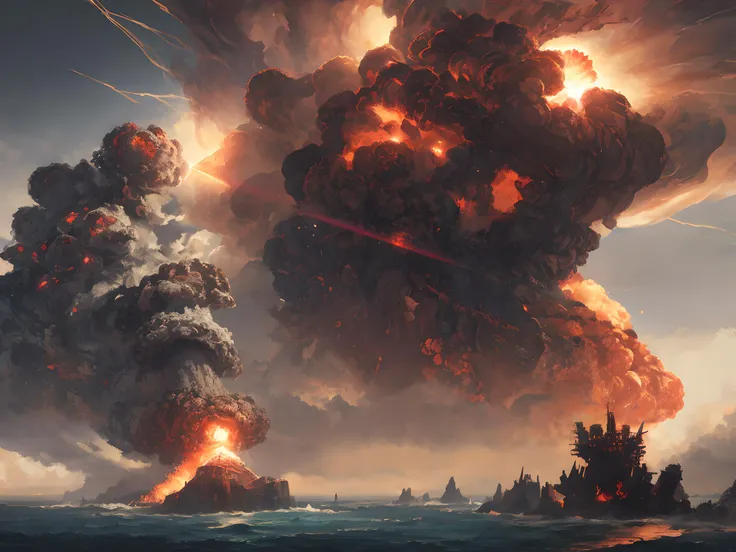 (ashenhard style:0.6), masterpiece, best quality, high quality, (nuclear explosion over the Pacific Ocean:1.2), award winning photography, Depth of Field, HDR, extremely detailed, trending on artstation, trending on CGsociety, Intricate, High Detail