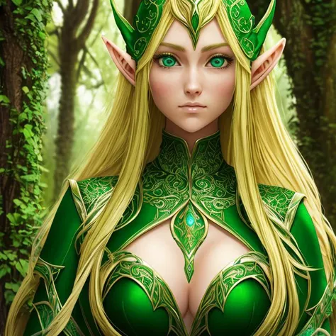 Elven Beauty, revealing Outfit, Green Clothing, Blonde (masterpiece:1.2, best quality), (ultra-detailed), (ultra high res), (hyper-detailed), (super detail:1.3), professional lighting, cinematic lighting, ((Photorealistic)) ((Award Winning Photo))