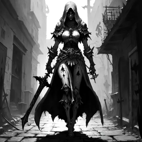 (ashenhard style:1.2), (best quality:1.2), (masterpiece:1.2), (fantasy knight woman walking an alley), (darkness:1.2), abstraction, graveyard