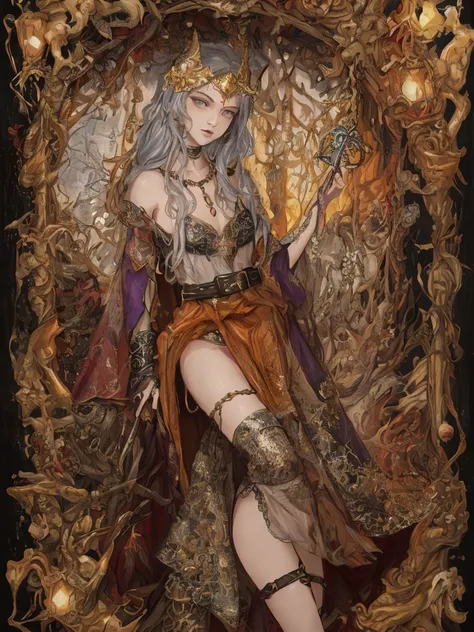 Best quality, detailed, illustration, traditional media, (fantasy:1.1), magical, young 18-year-old woman, elegant, ethereal, magical, witch, intricate encrusted with jewels (sheer cloth:1.2) robes, circlet, armlet, thighlet, straps, belt with pouches, inside cozy fantasy inn, (art by Alexander Jansson:1.3)