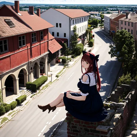 depth of field, solo skinny nekomimi matured girl wearing dirndl sitting and dangling legs from above in the distance in old town ruins terrace, complex red color hair with hair ribbon, soft smile, city ruins landscape