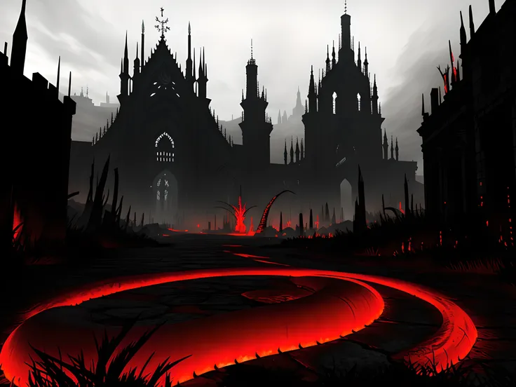 (ashenhard style:1.3), masterpiece, giant black (snake:1.2) with red glow on his back, ancient ruined city on background, grey ambient, best quality, open space