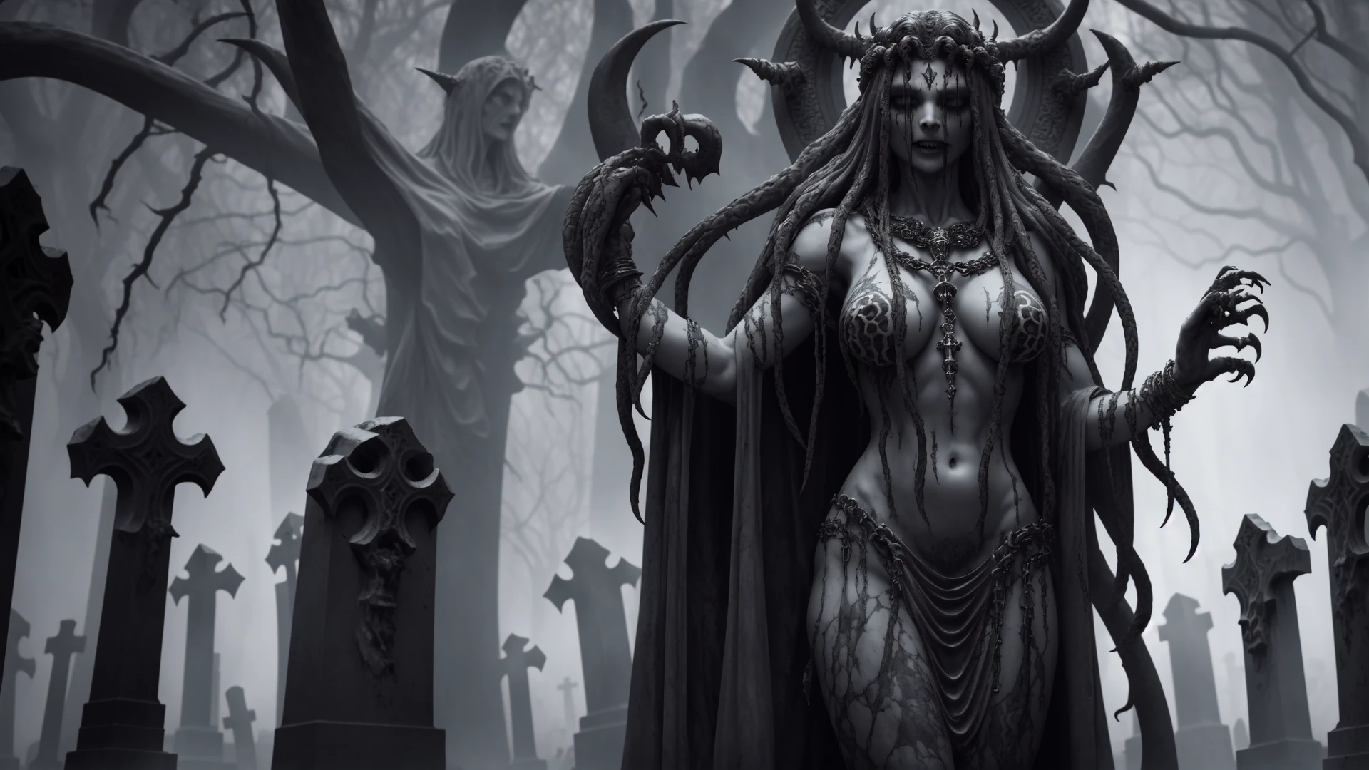 dark, (ashenhard style:1.1),, a marble statue of medusa adorned in decorative silver jewelry, her (fangs:1.2) are bared, standing in a misty (cemetery:1.2) surrounded by gravestones, snake tail, detailed eyes, masterpiece, best quality, intricate detail, absurdres