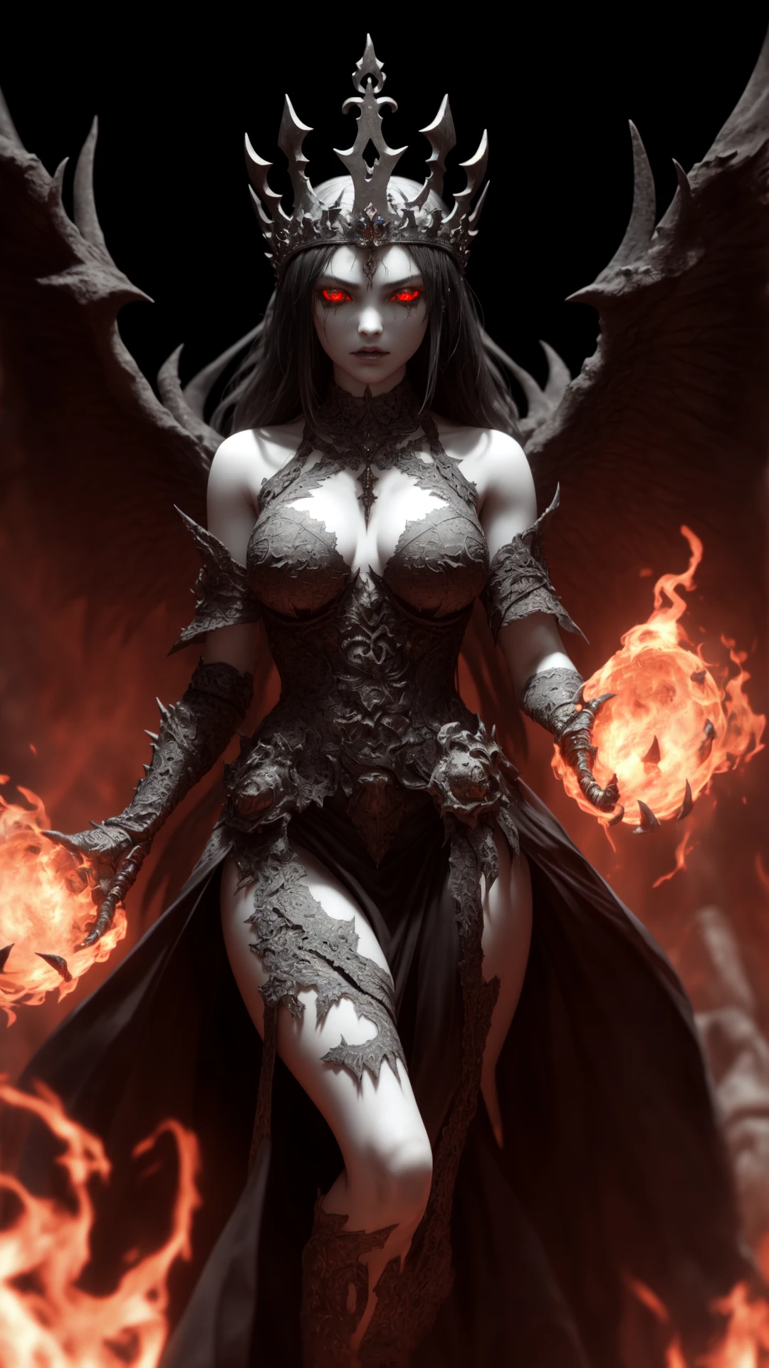 dark, (ashenhard style:1.1), a demon princess floating above the hordes of hell, she commands the army with her mighty trumpet, she wears a crown covered in lava, her glowing red eyes are on fire, masterpiece, best quality, intricate detail, absurdres, chromatic aberration, depth of field, professional photography, soft lighting, tone mapped, highly detailed, sharp focus, dramatic lighting, intricate details, cinematic, 8K, incredible shadows, realistic, (highly detailed background:1.0), high detail RAW color Photo, highly detailed, harsh lighting, cinematic lighting, detailed eyes, distinct pupils, contrast, textured skin, cold skin pores, hard light, gigapixel, feet visible, flawless face, 8k resolution, beautiful, cinematic, elegant, hyperrealistic, octane render, unreal, high definition, 8k resolution, highly detailed, 8k uhd, professional lighting, photon mapping, radiosity, physically-based rendering, perfect face, detailed face and body, award-winning photography, detailed face, backlight, ultrarealistic, ray tracing, intense gaze, cinematic lighting