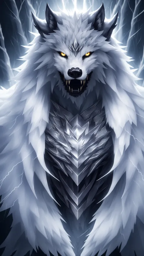 masterpiece, best quality, intricate detail, absurdres, (werewolf:1.2), snow, snowing, (ice), icicles, frozen, chilling, chilled, ominous, horror, creepy, tall, wearing body armor made of human bones, (skull:0.9), (ribcage:1.2), piercings, fur details, fur pattern, (lightning strike), (lightning), storm, cloudy sky, backlighting, forest, nighttime, mist, fog, full moon, detailed claws, glowing, ominous aura Halo, jewelry, necklace, gold chains, (gold spikes), (fangs), smile, snarl, punk, wild hair, masterpiece, best quality, intricate detail, absurdres, high detail RAW color Photo, highly detailed, harsh lighting, cinematic lighting, detailed eyes, distinct pupils, contrast, textured skin, cold skin pores, hard light, gigapixel, feet visible, flawless face, 8k resolution, beautiful, cinematic, elegant, hyperrealistic, octane render, unreal, high definition, 8k resolution, highly detailed, 8k uhd, professional lighting, photon mapping, radiosity, physically-based rendering, perfect face, detailed face and body, award-winning photography, detailed face, backlight, ultrarealistic, ray tracing, intense gaze, cinematic lighting