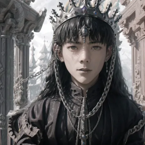 masterpiece, best quality,8k,realistic, high quality,4k,highres,photorealistic,Medieval Gothic style,darkness style,Underworld style,Death Lord,1boy,(young king,Columns Crown,chain necklace,male focus,solo,long hair,Silver hair:1.3),outdoors,(in profile),(darkness:1.2),abstraction,abyssopelagic,award winning photography,Depth of Field,HDR,extremely detailed,trending on artstation,trending on CGsociety,Intricate, High Detail
<lora:DingZhenLora_v1:1>