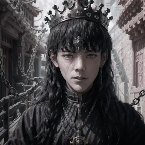 masterpiece, best quality,8k,realistic, high quality,4k,highres,photorealistic,darkness style,Underworld style,Death Lord,1boy,(grim-faced young king,crown,chain necklace,male focus,solo,long hair,black hair:1.3),outdoors,(in profile),(darkness:1.2),abstraction,abyssopelagic,award winning photography,Depth of Field,HDR,extremely detailed,trending on artstation,trending on CGsociety,Intricate, High Detail
<lora:DingZhenLora_v1:1>