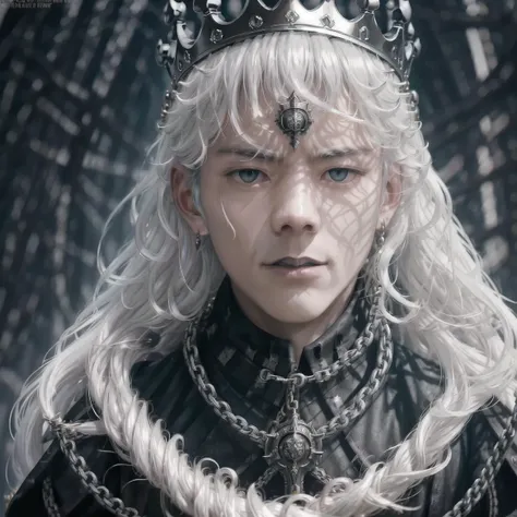 masterpiece, best quality,8k,realistic, high quality,4k,highres,photorealistic,darkness style,Underworld style,Death Lord,1boy,(grim-faced young king,crown,chain necklace,male focus,solo,long hair,white hair:1.3),outdoors,(in profile),(darkness:1.2),abstraction,abyssopelagic,award winning photography,Depth of Field,HDR,extremely detailed,trending on artstation,trending on CGsociety,Intricate, High Detail
<lora:DingZhenLora_v1:1>