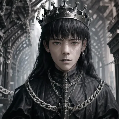 masterpiece, best quality,8k,realistic, high quality,4k,highres,photorealistic,Medieval Gothic style,darkness style,Underworld style,Death Lord,1boy,(grim-faced young king,crown,chain necklace,male focus,solo,long hair,black hair:1.3),outdoors,(in profile),(darkness:1.2),abstraction,abyssopelagic,award winning photography,Depth of Field,HDR,extremely detailed,trending on artstation,trending on CGsociety,Intricate, High Detail
<lora:DingZhenLora_v1:1>