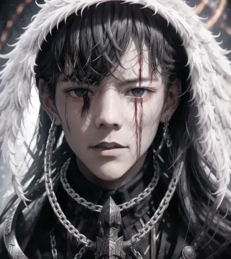 masterpiece, best quality,8k,realistic, high quality, 4k,highres,photorealistic,dark style,horror,Underworld style,Death Lord,overlord style,1boy,chain necklace,bleeding,male focus,holding,holding weapon,solo,sword,holding sword,white hair,outdoors,glowing weapon,long hair,(in profile), (darkness:1.2), abstraction, abyssopelagic, award winning photography, Depth of Field, HDR, extremely detailed, trending on artstation, trending on CGsociety, Intricate, High Detail,<lora:DingZhenLora_v1:1>