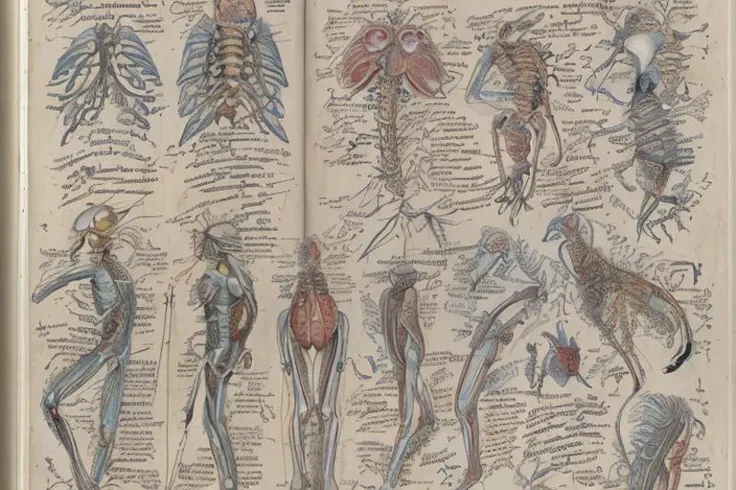 scientific journal of human , precise anatomy,Codex Seraphinianus, fantasy, detailed notes, anatomical drawing of human