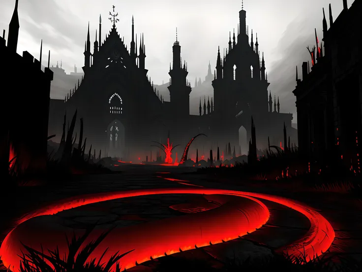 (ashenhard style:1.3), masterpiece, giant black (snake:1.2) with red glow on his back, ancient ruined city on background, grey ambient, best quality, open space