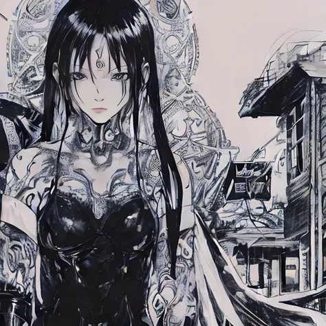 manga style, by tsutomu nihei, bold lines, dirty drawing style, pale girl with a gloomy face, long black hair, intricate futuristic hairstyle, black sclera, white iris, a magic symbol carved on her forehead, symmetrical tattoos on her cheeks, closed black clothes, retro cyberpunk, dynamic pose, detailed textures, hyperdetailed, intricate, depth of field, detailed scene, ultra detailed, best quality