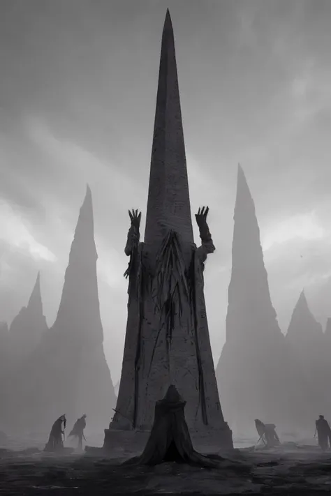 ashenhard style, a gigantic round white obelisk, a lifeless black wasteland, a gray sky, at the foot of the obelisk several indistinct figures bending over, some prostrate on the ground, some kneeling with their hands clasped in a prayer gesture, detailed textures, masterpiece, hyperdetailed, intricate, depth of field, detailed scene, ultra detailed, best quality