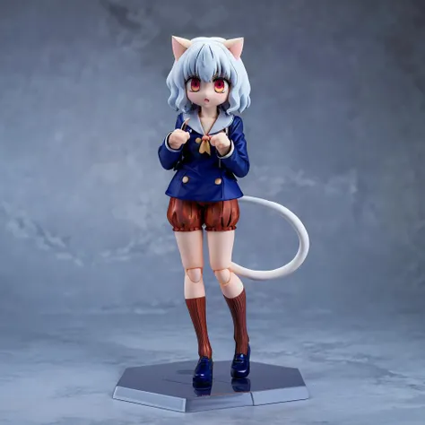 <lora:Neferpitou001:0.6>,
Neferpitou,1girl,red eyes,cat ears,
blue jacket,double-breasted,
(brown shorts:1.2),striped,
brown socks,blue footwear,
full body,standing,4 fingers,cat tail,
doll joints,