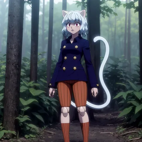 <lora:Neferpitou001:0.7>,
Neferpitou,1girl,red eyes,cat ears,
blue jacket,double-breasted,
(brown shorts:1.2),striped,
brown socks,blue footwear,
full body,standing,4 fingers,cat tail,
doll joints,nature,