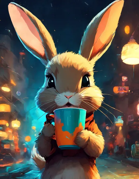 a cute Bunny holds a [cup of coffee|cup of coffee|carrot shaped mug],  in the style of realistic usage of light and color,  anime aesthetic,  cute and colorful,  in the style of soft-focused realism, the cup is shaped like a carrot, evening in a dark coffee shop, bokeh with Chiaroscuro, Clay Animation page and(691411/9451965) INCRTurinsackline='fractal flame/11 648010s of an arched smoke falling into the center of (a modern rustic anime character:1.16), has eyes opened of <lora:Clay Animation:1.9>