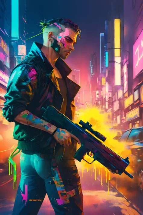 <lora:Double_Exposure:1> double exposure, close-up of cyberpunk city man, neon light, gun fight in the background,  <lora:sdxlInkpunkstyle_v01:1> (paint splashes, colorful, outrun, paint texture:1.1) <lora:add-detail-xl:2>