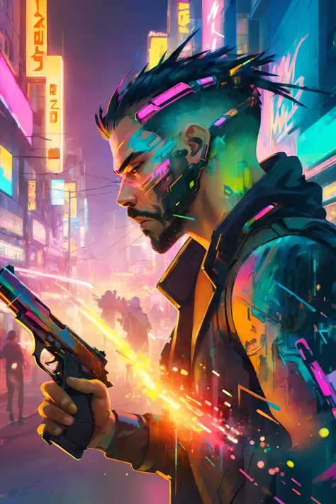 (masterpiece:1.2), best quality, <lora:Double_Exposure:1> double exposure, close-up of a man in a cyberpunk city, (gun fight in the background, muzzle blast, bullet trails:1.2), neon light <lora:sdxlInkpunkstyle_v01:1> (paint splashes, colorful, outrun, paint texture:1.1) <lora:add-detail-xl:2>, (masterpiece:1.2), best quality