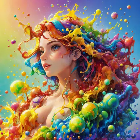 a woman joyfully twirling in the raining paint, paint raining, thick paint rainbow hair, body covered with paint, joyful, ((sfw)), calm facial expression, relaxed, gentle smile, (clothes made of liquid paint)), front view, ((small breasts, relaxed face, relaxed shoulders)), ((dynamic pose)), liquid details, correct anatomy,