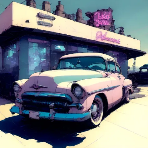 (inkpunk:0.5) a hotrod parked at a 50's diner