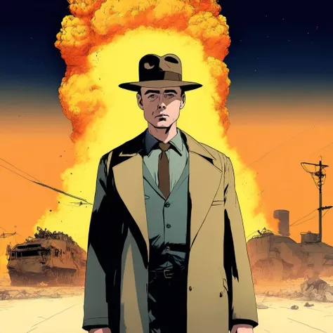 illustration of Cillan Murphy as Oppenheimer with a nuclear explosion (mushroom:0.8) cloud behind him