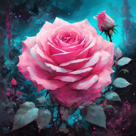 a fantasy ( azure | dark pink ) rose in an ethereal garden
