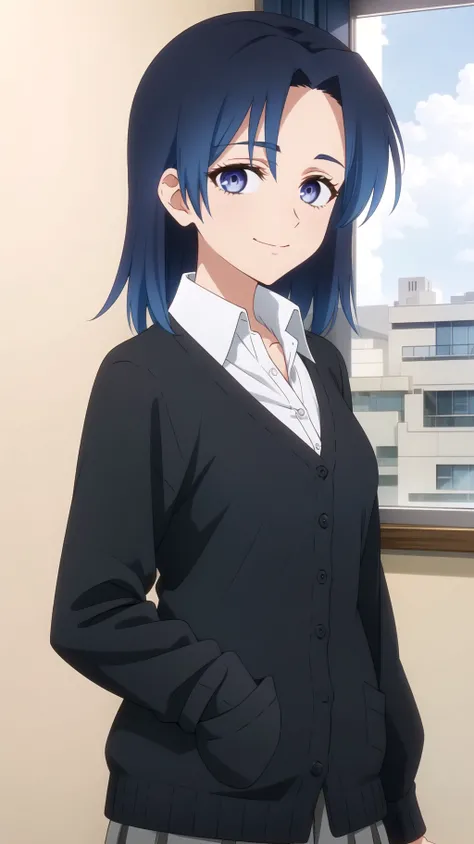 (masterpiece, best quality), intricate details, kamiyaai, 1girl, looking at viewer,  white shirt, collared shirt, black cardigan, skirt, light smile, closed mouth, indoors,  <lora:kamiyaaiV1:0.8>