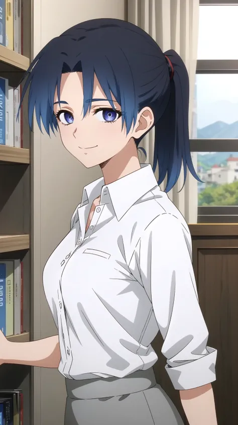 (masterpiece, best quality), intricate details, kamiyaai, 1girl, looking at viewer, ponytail, white shirt, collared shirt, grey skirt, smile, indoors,  <lora:kamiyaaiV1:0.8>