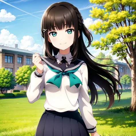 1girl, solo,(best quality),(masterpiece:1.1),(school uniform:1.4), hairpin, green eyes, dress, looking_at_viewer, neck_ribbon, cute, clear facial skin,