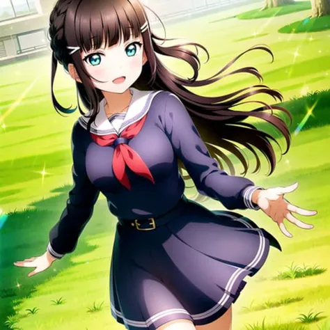1girl, solo,(best quality),(masterpiece:1.1),(school uniform:1.4),green eyes, dress, looking_at_viewer, neck_ribbon, cute, clear facial skin,