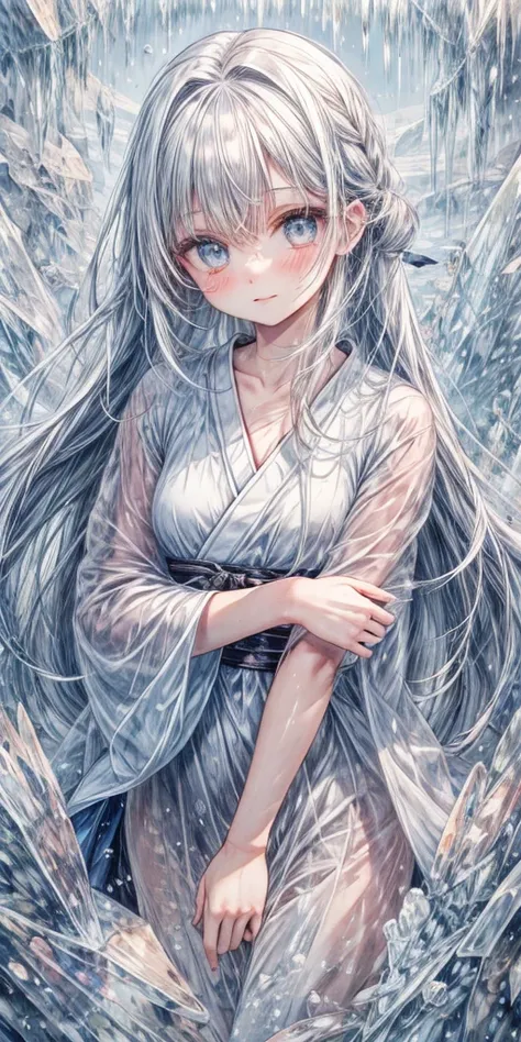 (masterpiece,ultra-detailed,best quality,illustration,perfect-composition,detailed eyes,detailed beautiful face,Clean skin,photographical skin,shiny skin,shiny hair, photographical hair,detailed background,shaved,uncensored:1.2),<lora:unhorny_v01:3>,<lora:add_detail:1.5>, (petite girl:1.6),(long hair:1.2), smile,kimono,upperbody,ice breath
<lora:ice cake_20231126200433:0.6> Ice wraps around the girl ,lingering,(ice cracks,ice flack:1.2),ice cake